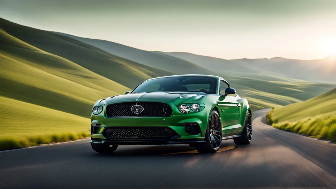 Cross between Ford mustang and bentley, on a road of green hills in morning