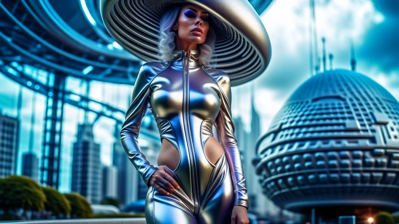 woman in a silver catsuit with circuitry, standing in a futuristic alien city holding a parasol shaped like a mushroom with tentacles