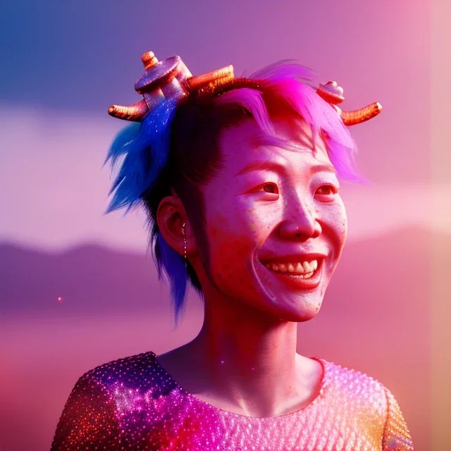 Ultra Realistic photo, medium shot view, drunken sweet dancer Asian woman, carnival scene, monster hair, steampunk style. Red hair, confeti, smile, happy, festival, ovnis, gradient color fog. highly detailed, concept art, unreal engine 5, ray tracing, RTX, lumen lighting, ultra detail, volumetric lighting, 3d, finely drawn, high definition, high resolution.