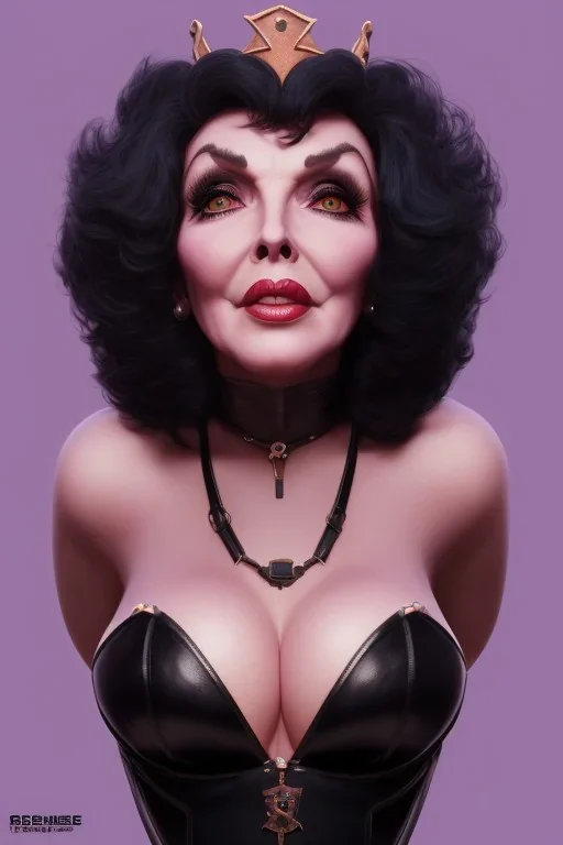 Joan Collins as evil queen in black leather, leather, busty, cleavage, angry, stern look. character design by cory loftis, fenghua zhong, ryohei hase, ismail inceoglu and ruan jia. unreal engine 5, artistic lighting, highly detailed, photorealistic, fantasy