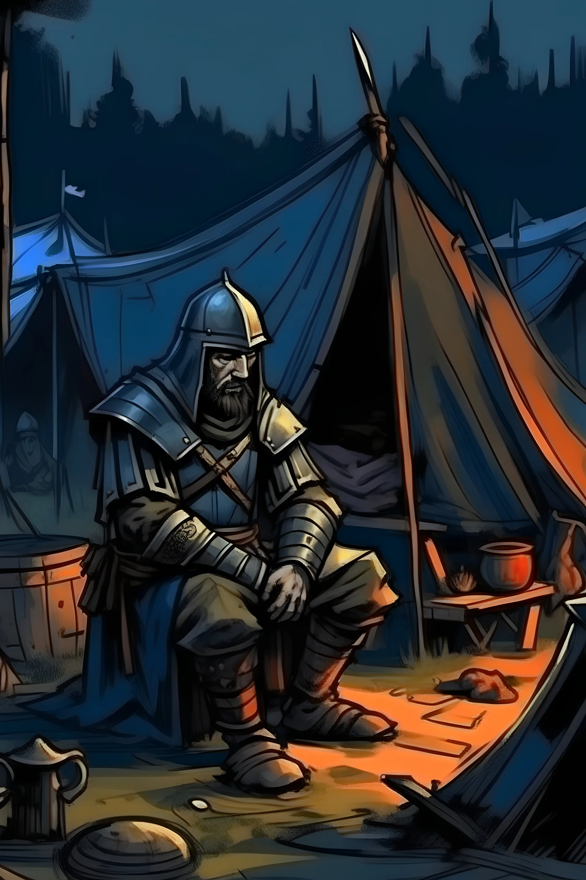 A medieval war general in a camp, night, painterly, sketch lines