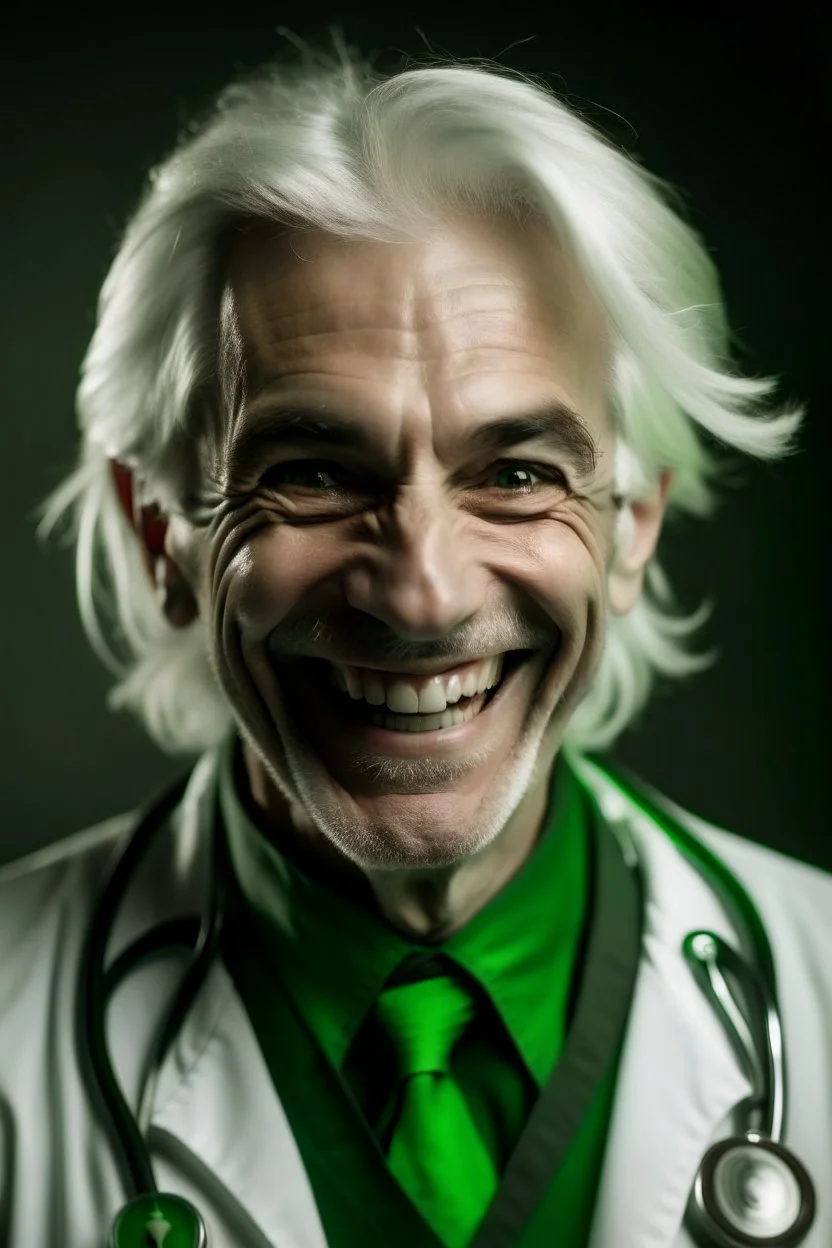 plauge doctor with silver hair and bright green eyes smiling with sharp teeth