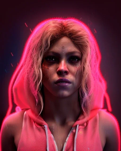 portrait, Shakira, blonde artist, angry, Realistic image, boxing robe, hoodie, mouthguard, face band aid, loose long hair, eyes make up, perfect, glow, circle iris. Rain, fog, Neon colors, leds, geometric shapes. Dark background, photo studio, neon lights. concept art, smooth, unreal engine 5, god lights, ray tracing, RTX, lumen lighting, ultra detail, volumetric lighting, 3d, finely drawn, high definition, 4k.