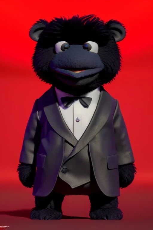 Waist up muppet Portrait, Kim Jong-un muppet doll, black suit, photo studio, red background, unreal engine 5, concept art, art station, ray tracing, lumen lighting, ultra detail, volumetric lighting, 3d.