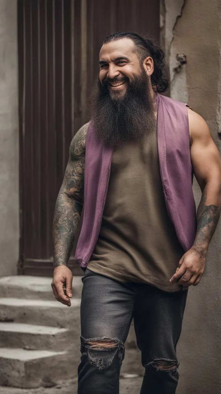 full figure photography of dirty smiling marocan burly muscular chubby strong man 38 years old with long raided beard, shaved hair, tattoo, photorealistic ,dressed with a purple torn and broken t-shirt, side light, outdoor in a dirty street