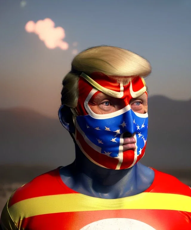 Realistic image of Donald trump wrestler, Mexican wrestling style, Mexican wrestling mask, chin and nose visibles, red and blue breeches, glow us flag dress, suspenders, cap, retro style, 80s, vibrant color, highly detailed, sky background, concept art, unreal engine 5, god rays, ray tracing, RTX, lumen lighting, ultra detail, volumetric lighting, 3d, finely drawn, high definition, high resolution.