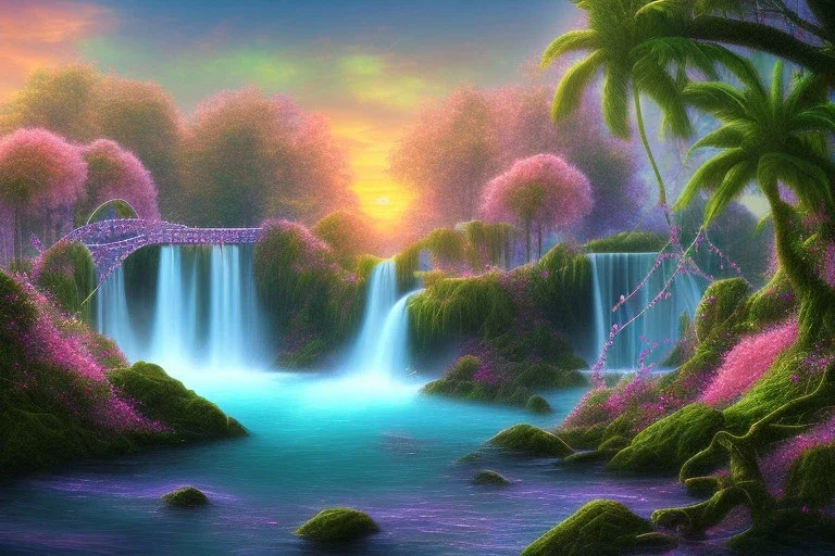 island waterfall palms twigs spring sunset pink flower bridge buterflies