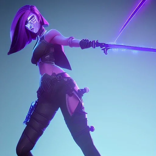 female synthwave ninja with a creepy stare, exposed belly, weilding dual swords