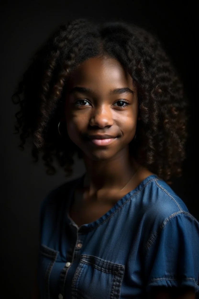 full body portrait of a 14 year old girl named Runa Rivers, main character of a youth novel, tall for her age - ca. 1,75m, looking older than she is, full lips, side cut, dark brown curly short hair, smiling, black skin looking caucasian, freckles; the iris of her left eye should be bright blue