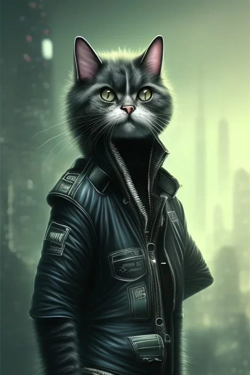 scary cat, long fur, soft, cute, black, Cyberpunk, city