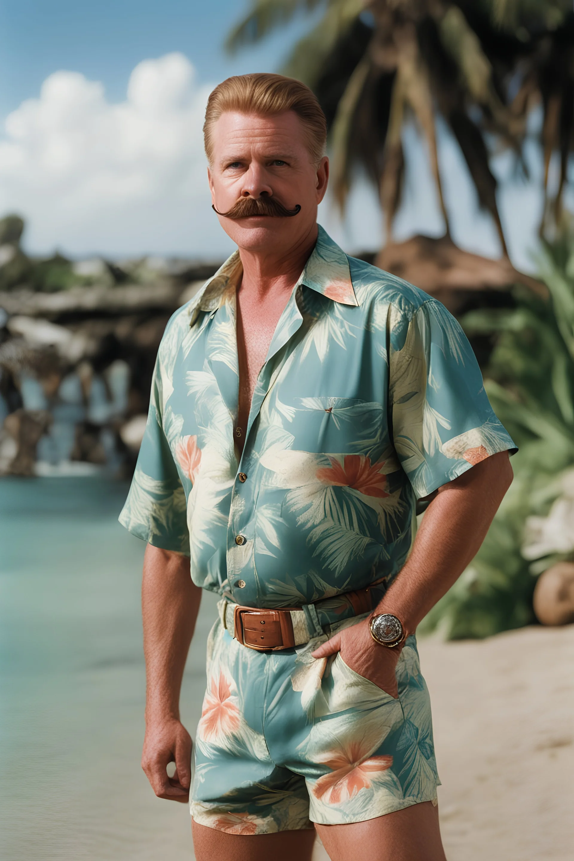 Biff Tannen with a mustache, wearing a Hawaiian shirt and Bermuda shorts- well-lit, UHD, 1080p, professional quality, 35mm photograph by Scott Kendall