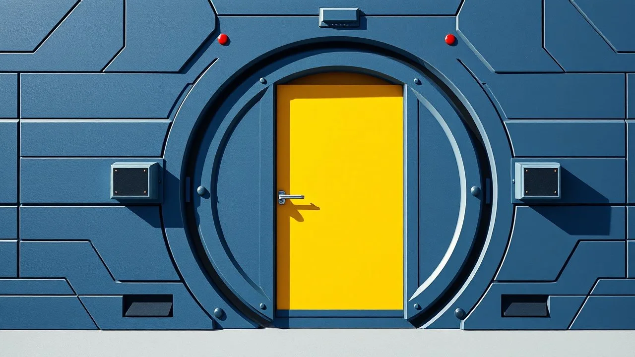 A boldly geometric spaceship door, starkly contrasting shapes in primary colors convey a sense of modernity and order. The meticulous attention to detail showcases the precision of the design, hinting at advanced technology and futuristic aesthetics. This striking image, resembling a painting, captures the essence of neoplasticism with its clean lines and bold forms. The vibrant composition exudes a sense of sleek sophistication, drawing the viewer in with its flawless execution and sleek, conte