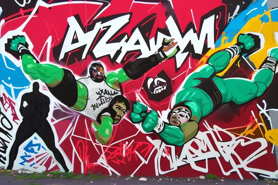 a wrestling graffiti mural wall with the word "tijuana wrestling" cell shading style