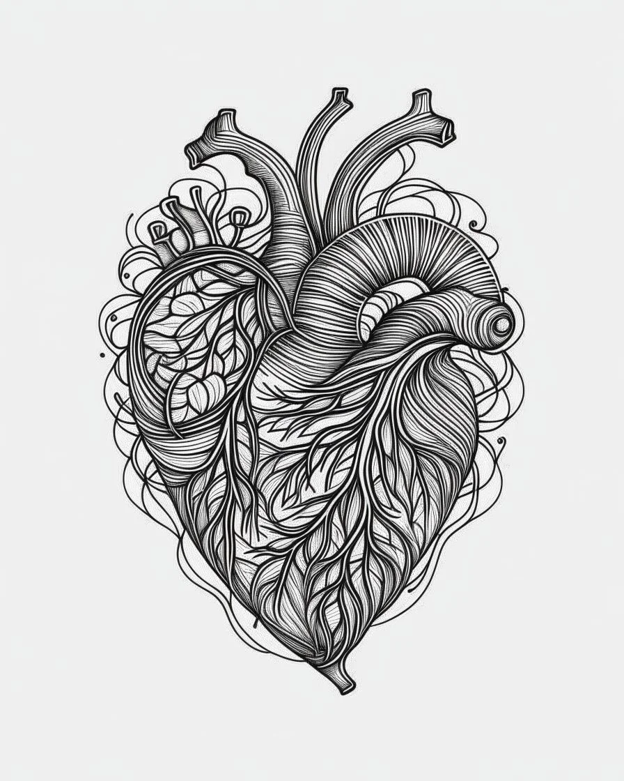 realistic Tattooed heart idea, line art, background, vector, svg, black outline on white background, leave plenty of white space beetween lines for coloring, tattoo style, tattoo idea,full body, minimalist