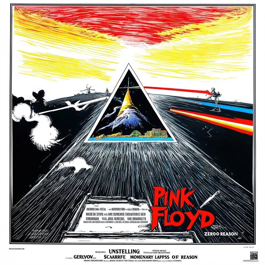 Unsettling, Zero Sorrow, One Slip Momentary Lapse of Reason, Pink Floyd movie poster, by Gerald Scarfe and Grayson Perry, unbalanced composition, acid wash mind-bending illustration; asymmetric, dark shines spectrum, surreal, fantastical, complex contrast, dynamic, profound