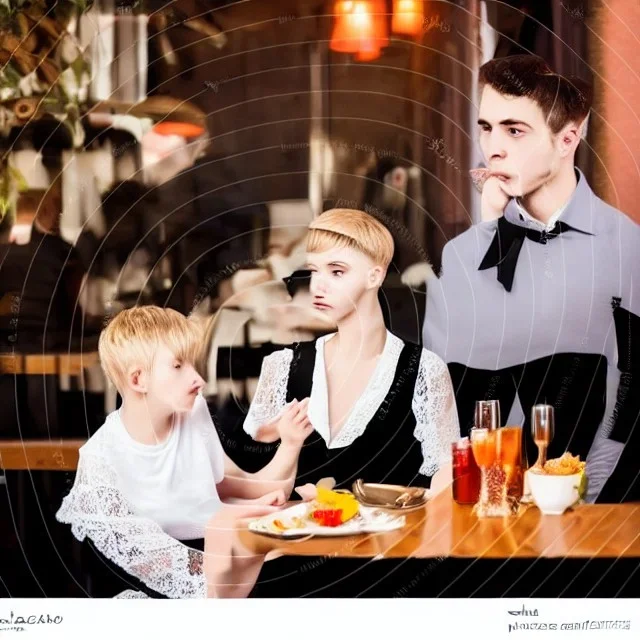 Russian guy young widow boyish boylike short man's haircut men's face boyish features in black girlish lacy cocktail dress as mother in restaurant