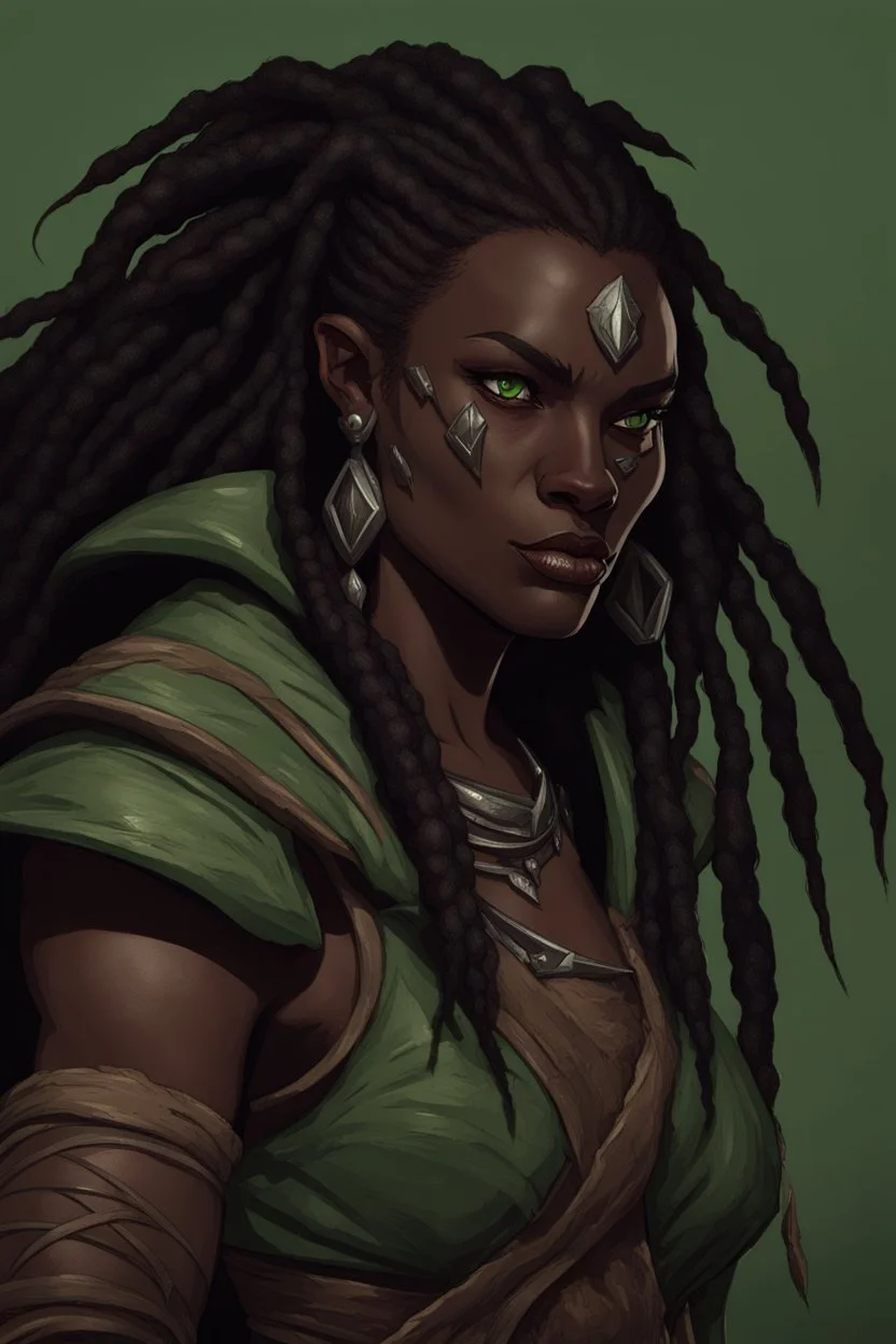 dungeons and dragons character portrait of a beast human female warrior with black skin, dreadlocks, thick eyebrows, big fangs and green eyes.