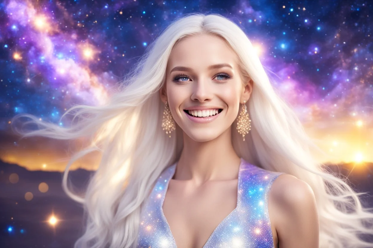 very beautiful cosmic women with white long hair, smiling, with cosmic dress and bright earings. in the background there is a bautiful sky with stars and light beam