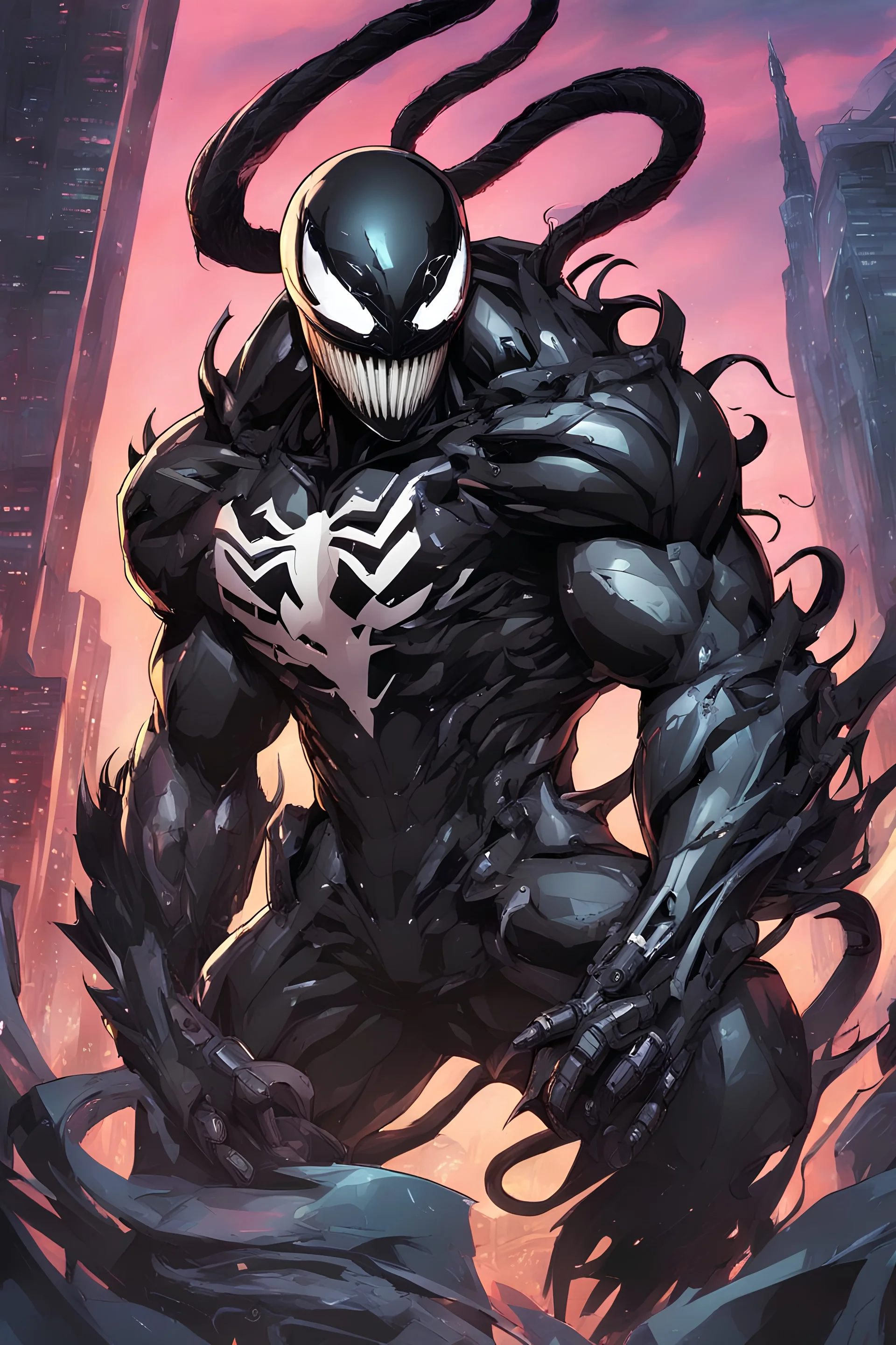 Venom mix with machine in solo leveling shadow artstyle, cyberpunk them, intricate details, highly detailed, high details, detailed portrait, masterpiece,ultra detailed,best quality