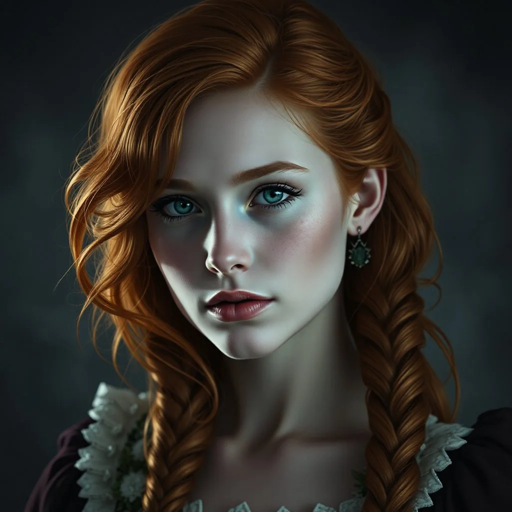 a beautiful fantasy woman, young, ginger hair, dark academia, dark fantasy art