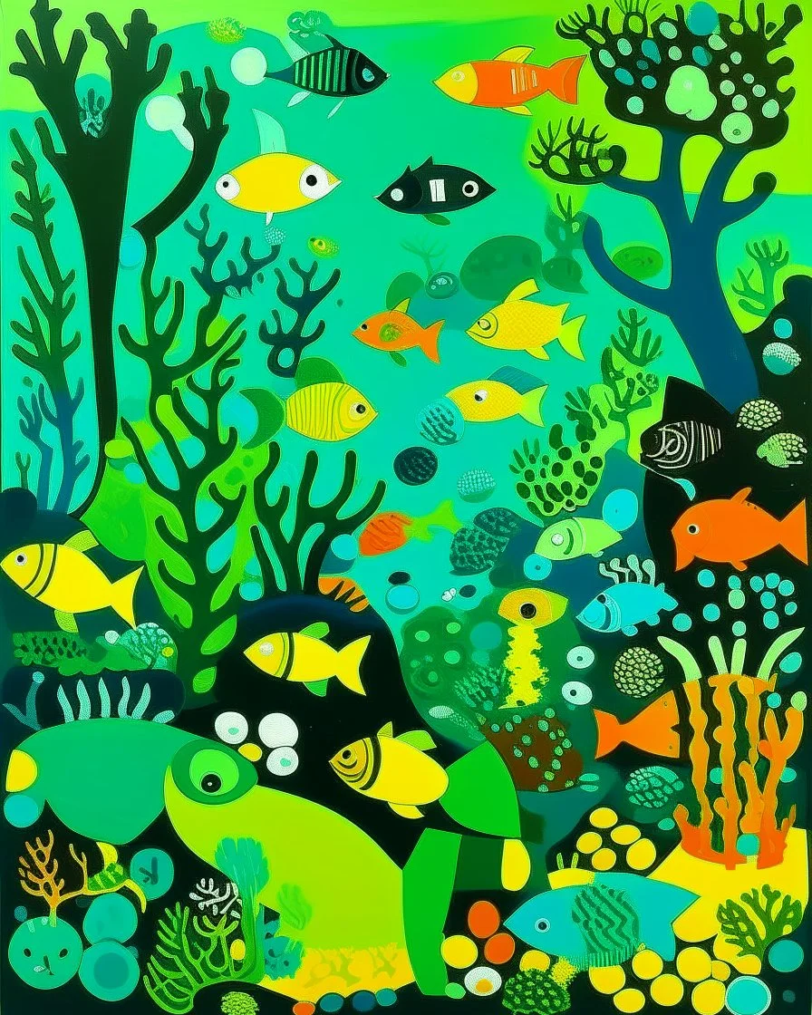 A lime green underwater reef with poisonous fish painted by Stuart Davis