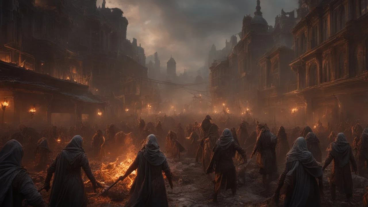 a female sorcerer leading an army of rotting zombies through burning midlevel city. fantasy setting. armor melted into the skin. blood. intense horror. blind terror. scared to death. a masterpiece, fantasy concept art, dynamic lighting, hyperdetailed, intricately detailed, deep color, Unreal Engine, volumetric lighting, Epic cinematic brilliant stunning intricate meticulously detailed dramatic atmospheric maximalist digital matte painting