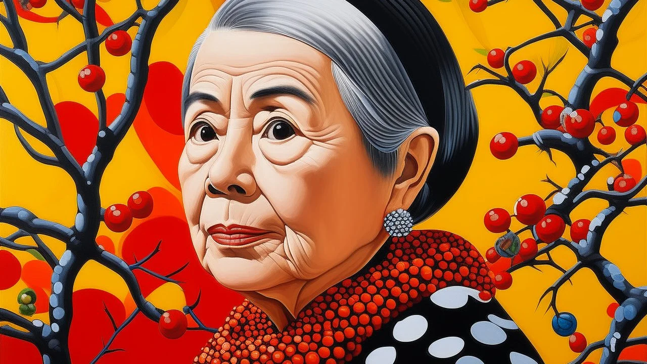 The portrait of a woman with a white-throated bushtit, Yayoi Kusama, captures a moment of whimsy and nature's beauty in a unique and vibrant way.