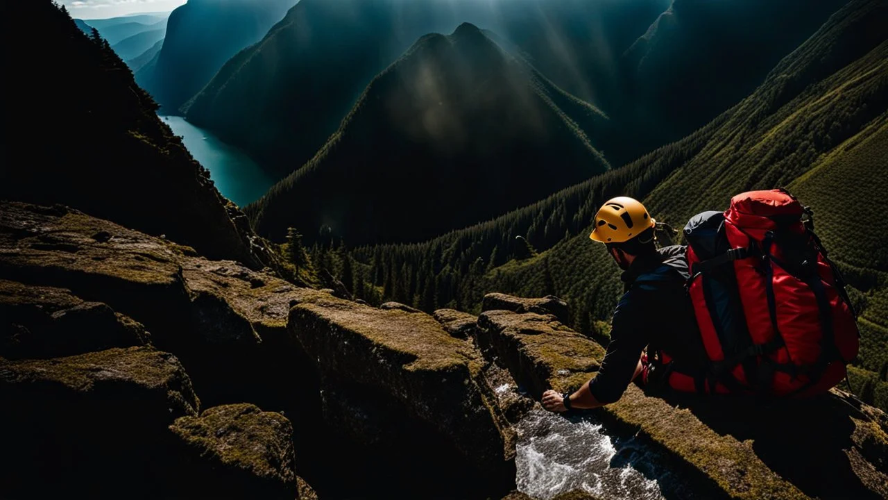 photo from a man falls down frokm a mountain with a backpack, he falls from a high cliff into the abyss, detalied, Professional photography, natural lighting, canon lens, shot on dslr 64 megapixels ,sharp focus