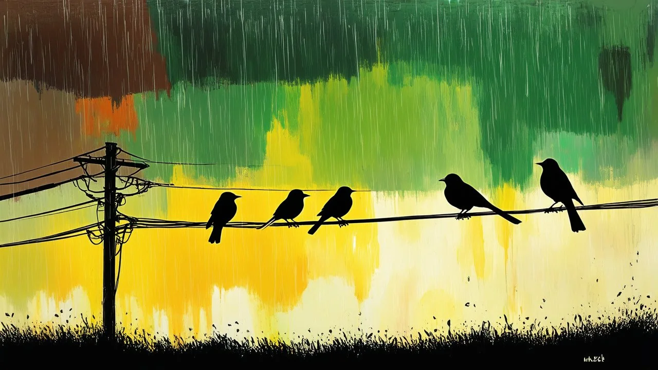 Digital painting featuring a group of birds perched on power lines against a textured, abstract background. The style is a blend of realism and abstract art, with the birds rendered in dark silhouettes, creating a stark contrast against the vibrant, multicolored backdrop. The background is a mix of earthy tones, including greens, browns, and yellows, with a rain-soaked effect that adds depth and texture. The power lines and utility pole are depicted in a slightly distorted manner, contributing t