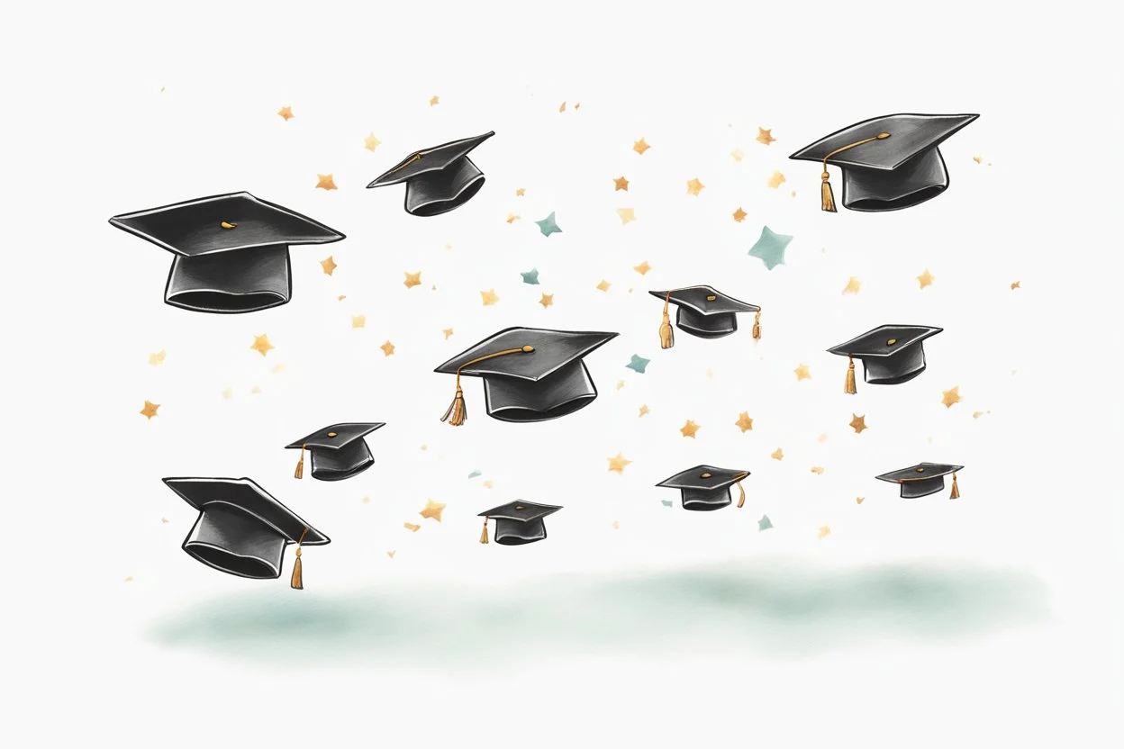 cute drawing of three graduation caps flying in the air against a white background.