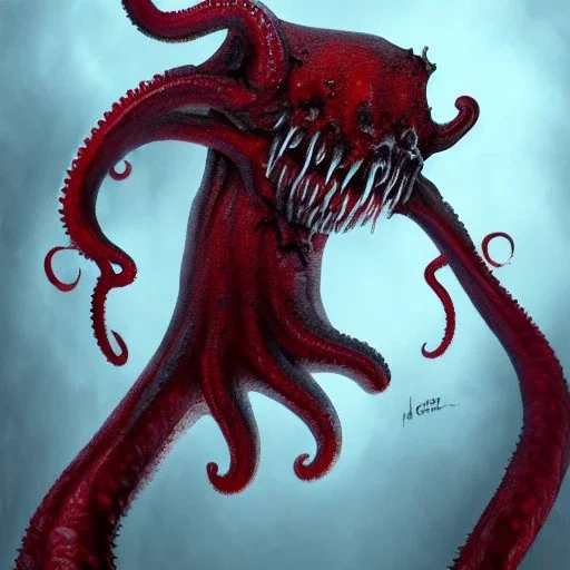 red, monster, tentacles, teeth, horror, detailed, realistic, gore, eyes, 4K, fantasy, scary, demonic, hyper realistic, huge, blood