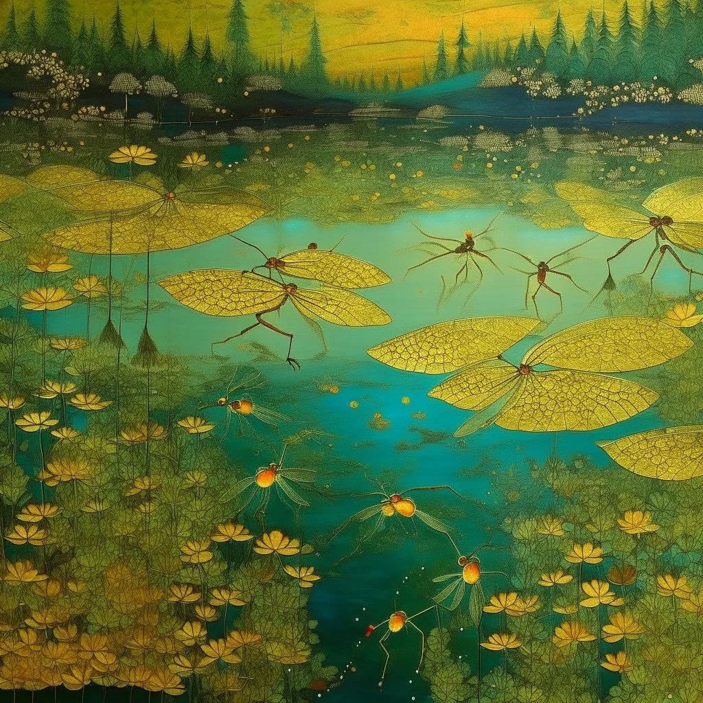 Gold wetlands with glowing and sparkling dragonflies designed in Moroccan rug art painted by Qiu Ying