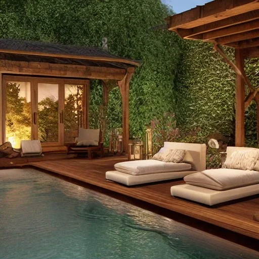 a gorgeous, stunning garden deck with wood walls and rustic floor, wicker furniture, tranquil pool surrounded by smooth stones, lit candles, plants, cozy, 8k resolution, high-quality, fine-detail, zen-like, cozy, digital art, detailed matte, volumetric lighting, illustration, 3D octane render, brian froud, howard lyon, selina french, annie stokes, lisa parker, greg rutowski