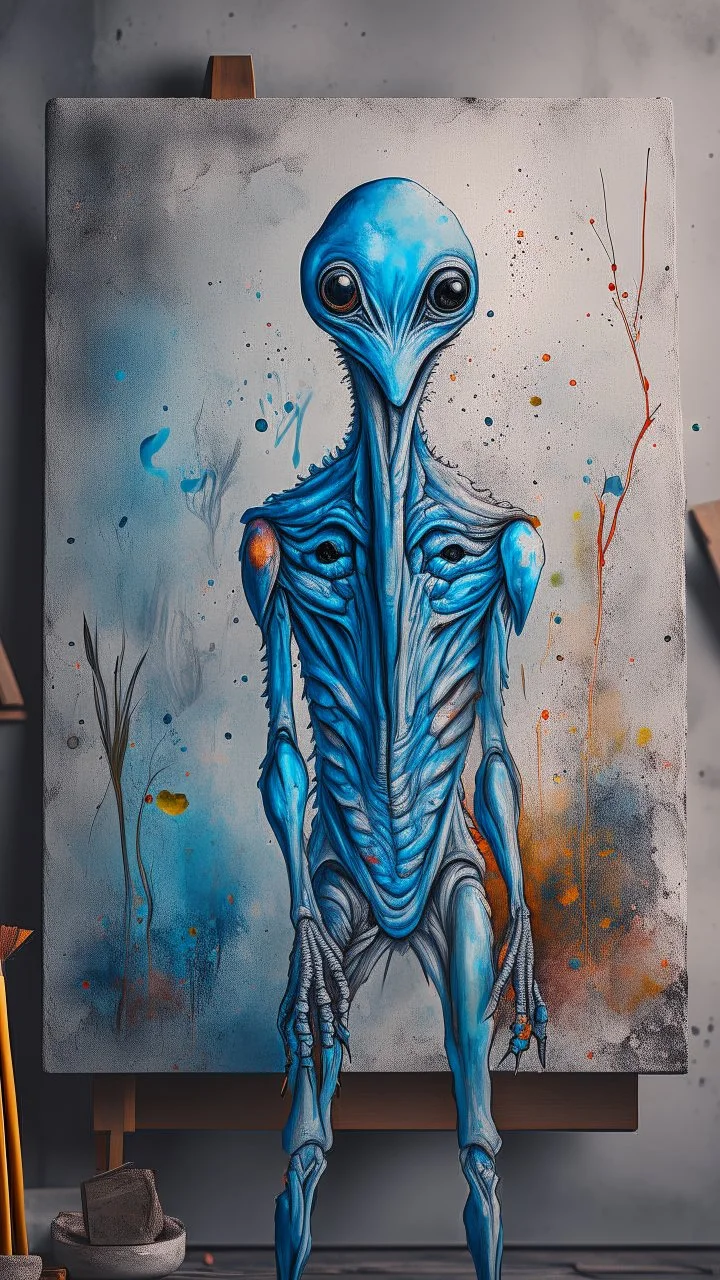 a beautiful gray alien body details standing by a wall front view scared