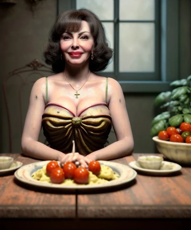 Ultra realistic photographic portrait, happy young Gina Lollobrigida woman sitting with arms resting on Italian kitchen table, big ravioli dish, tomatoes, olive oil, renaissance style decoration, soft color, highly detailed, unreal engine 5, ray tracing, RTX, lumen lighting, ultra detail, volumetric lighting, high definition.