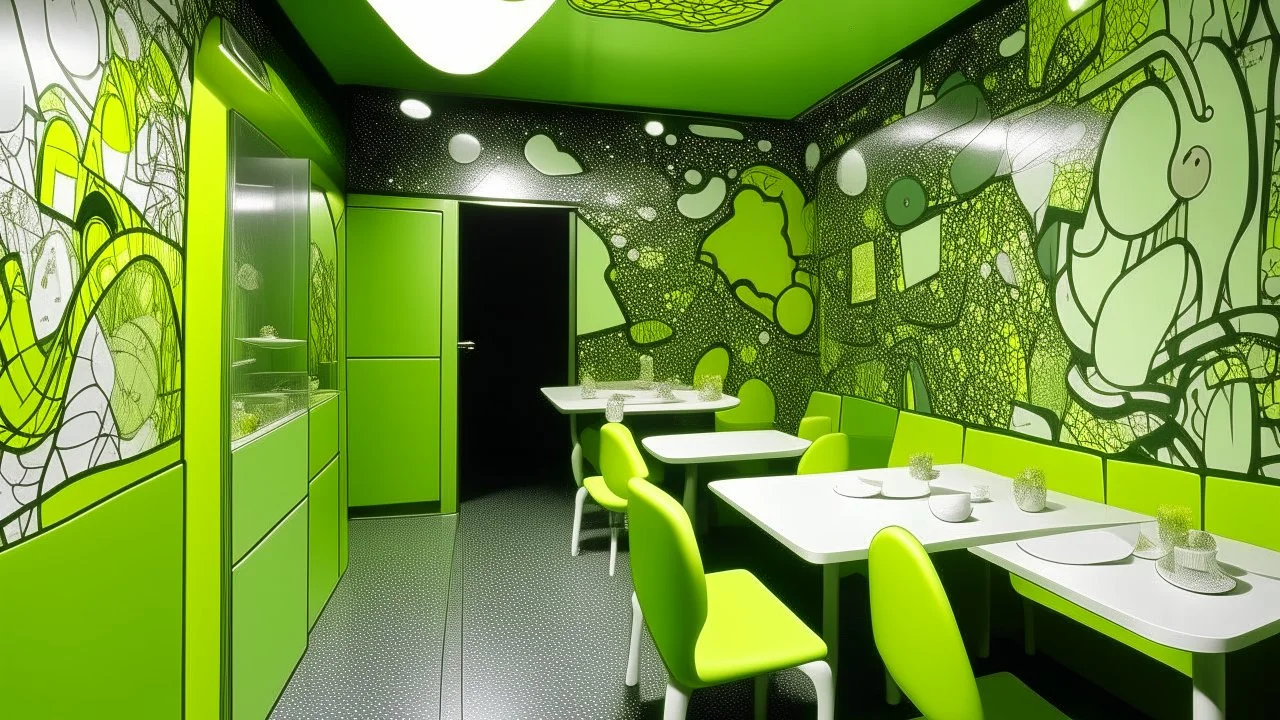 A pale greenish yellow starlight themed restaurant painted by Jean Dubuffet