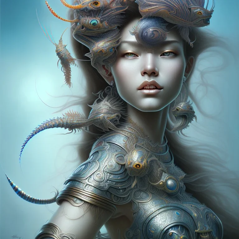 Sango fantasy, fantasy magic, intricate, sharp focus, illustration, highly detailed, digital painting, concept art, matte, art germ and Paul Lewin and Kehinde Wiley, masterpiece Indonesian lady head bronze lionfish Asian African girl nice breast Thai hair turquoise silver blue waves