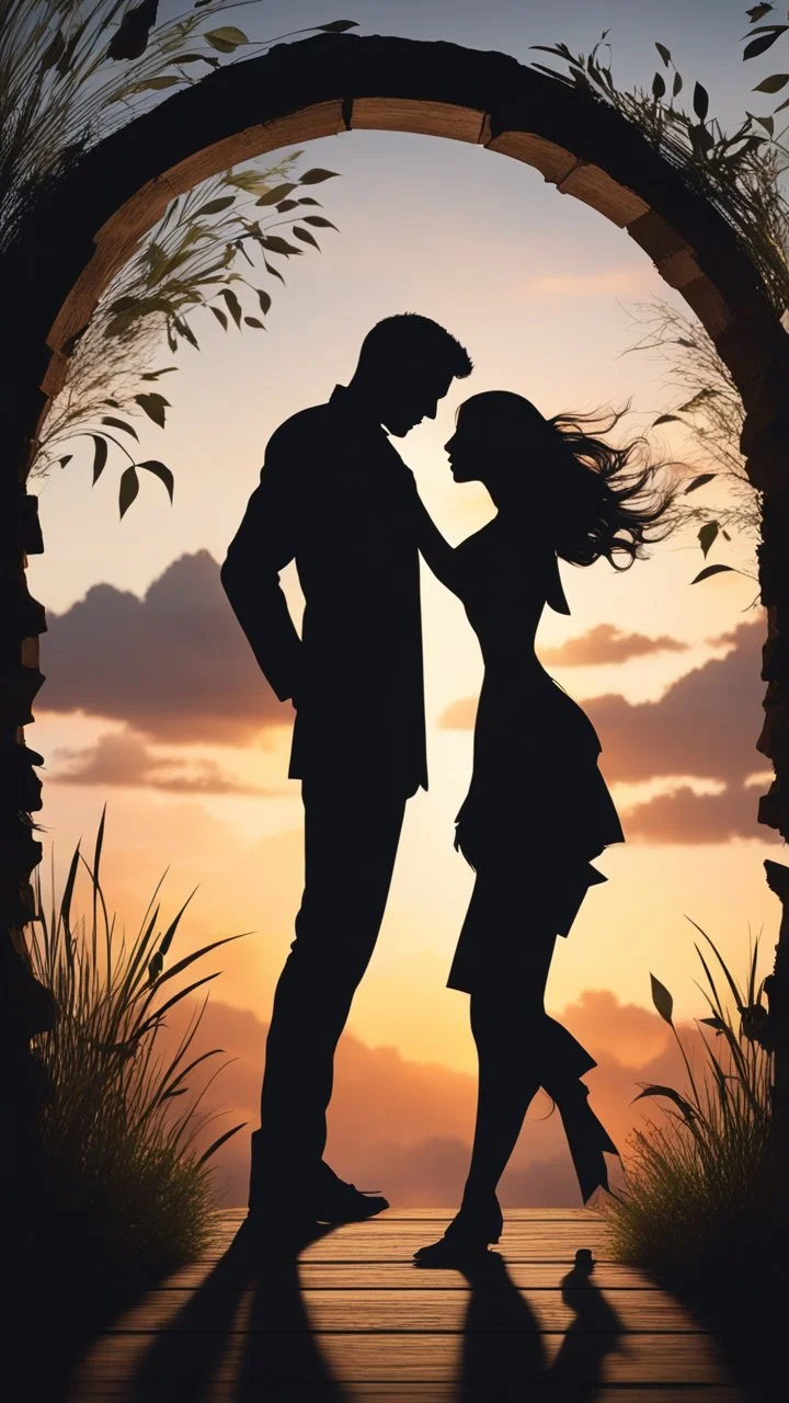 Hyper Realistic shadow-silhouette of a romantic man-&-woman-dancing behind a romantic sunset & with a wooden-arch with cloudy sky on mountain-top with leaves-whirling-&-breeze-blowing-tall-grass showing dramatic-romantic-&-cinematic-ambiance