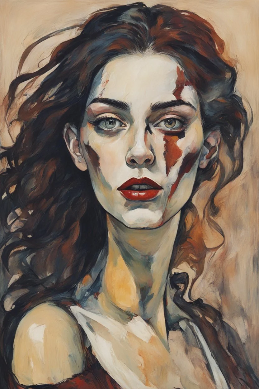 Painting of a vampire girl, in the Expressionist style of Egon Schiele, Oskar Kokoschka, and Franz Marc, in muted natural colors