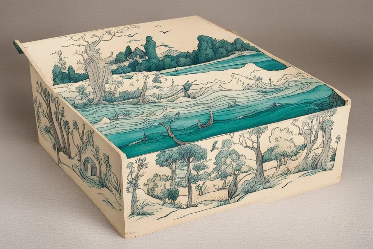 a box for storing things with beautiful drawings on it, sea, trees,