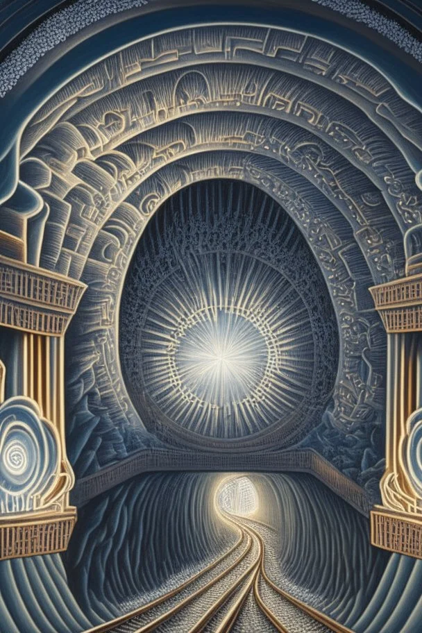 Then it comes to be that the soothing light at the end of your tunnel Was just a freight train coming your way; intricately detailed surreal optical art, award-winning,