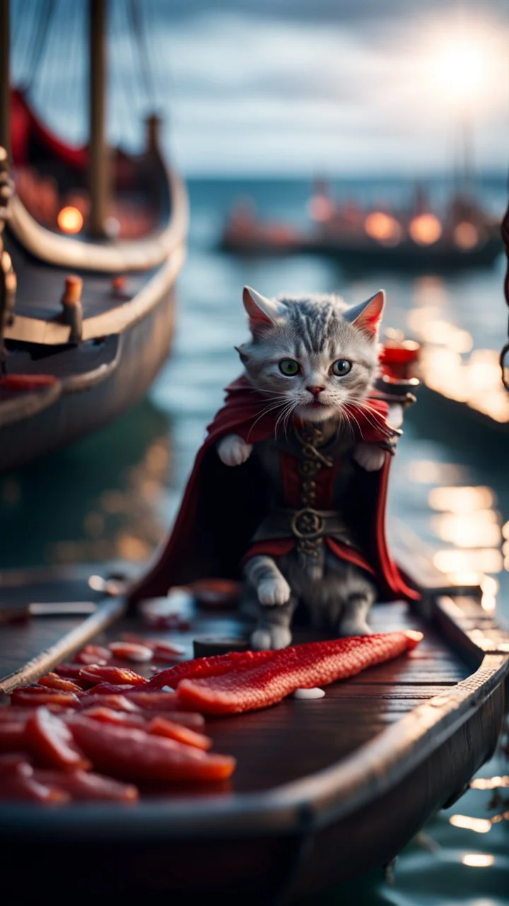 vampire sucking the blood of fish on a viking ship, on a glass pier cat walk,bokeh like f/0.8, tilt-shift lens 8k, high detail, smooth render, down-light, unreal engine, prize winning