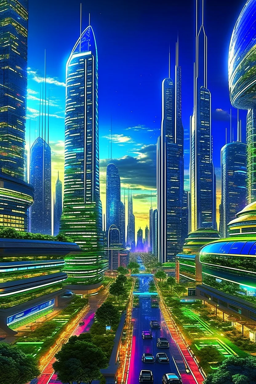 Create a vibrant and bustling metropolis of the future, where advanced technology meets architectural wonders. The city should exude a sense of energy, progress, and innovation. Incorporate towering skyscrapers with sleek designs, illuminated with neon lights and holographic displays. Populate the cityscape with flying vehicles, bustling crowds, and hints of greenery seamlessly integrated into the urban environment. Let the colors be bold and vibrant, 1400x240 pixels