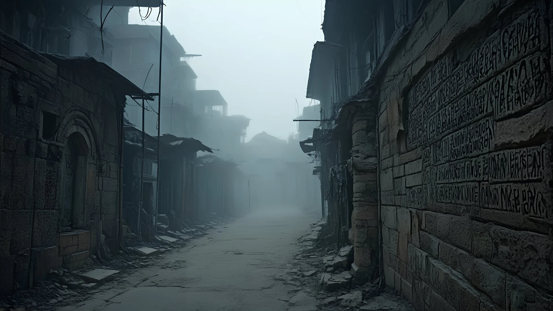 An ancient and abandoned city where the walls of the buildings are covered with inscriptions that whisper secrets in the ears of those who approach. The streets are always shrouded in a dense fog that hides ghostly figures.