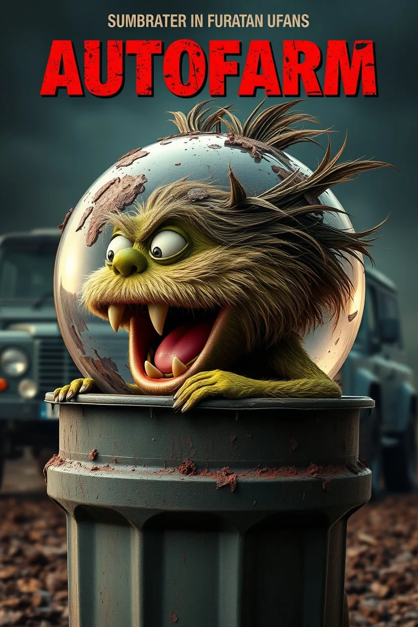 DIRTY CUTE HOT EUROPEAN Oscar the AUTOFARM Grouch SESEME ST CHARACTER IN LARGE BALL INSIDE LADY,GARBAGE TRASH BIN, side profile, "GARBAGE TRASH BIN IN FRONT" man in super blackscary (((((autofarm)))))) TITLE in movie poster movie style horror look. as five headed mouth open, rough teeth, turn head around, landrover crash in background(&*&*^%$^#%$#%$^%$#^#$#^%#$^$#