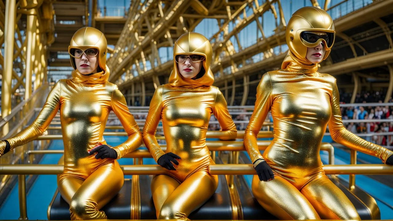 Hyperrealistisch Rollergirls völlig verhüllt von golden glänzendem Ganzkörper-Zentai mit geschlossenem Visier in identischen goldfarbenen, geschlossenen Helmen fahren auf Rollschuhbahn in Formation