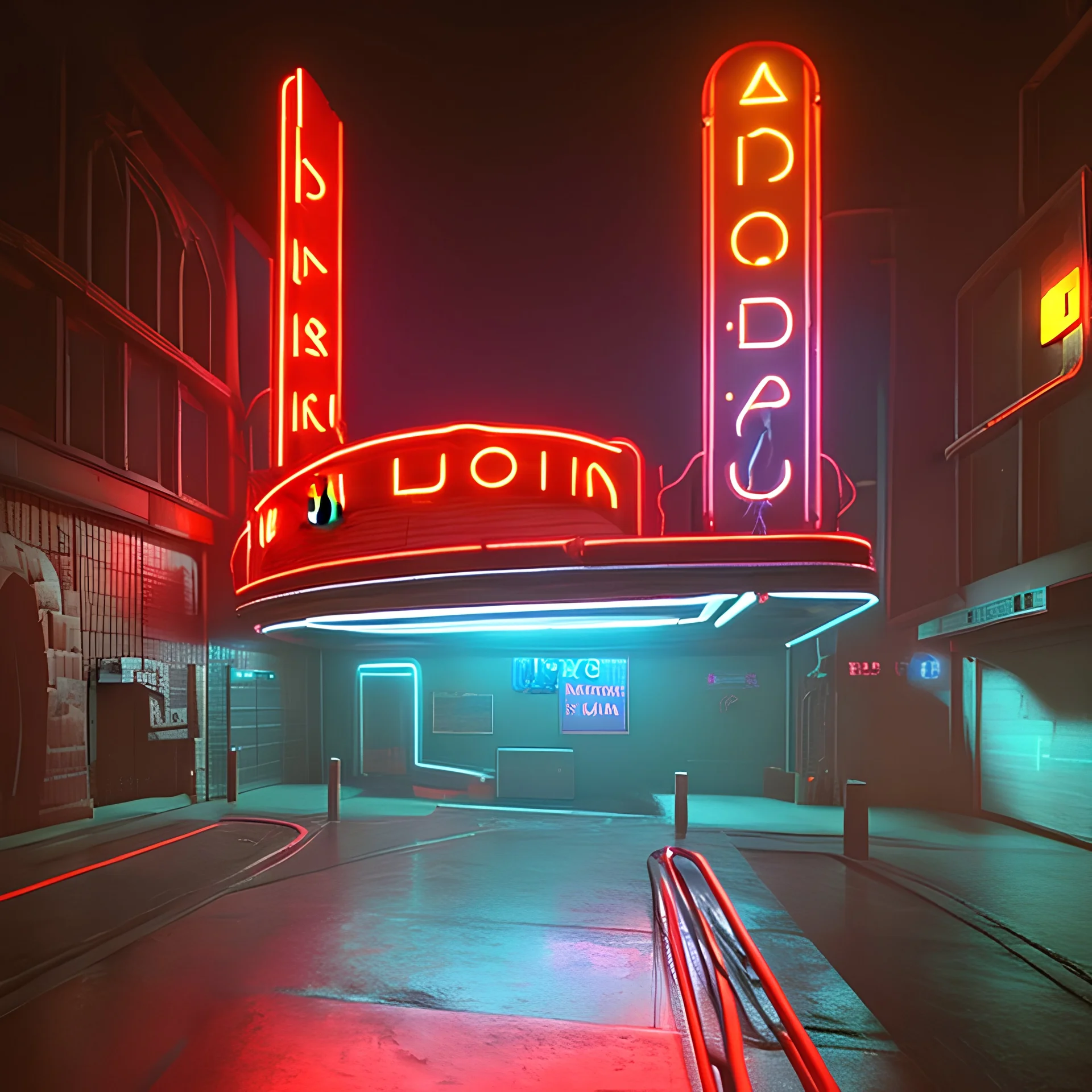 3d liminal path of a neon movie theatre
