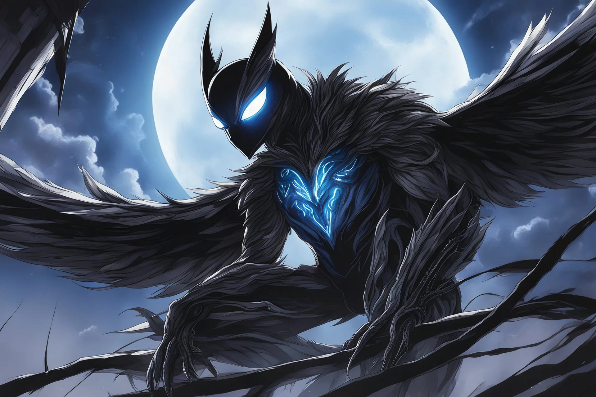 Symbiote in 8k solo leveling shadow drawing, owl barn, blue lights, sky , intricate details, highly detailed, high details, detailed portrait, masterpiece,ultra detailed, ultra quality