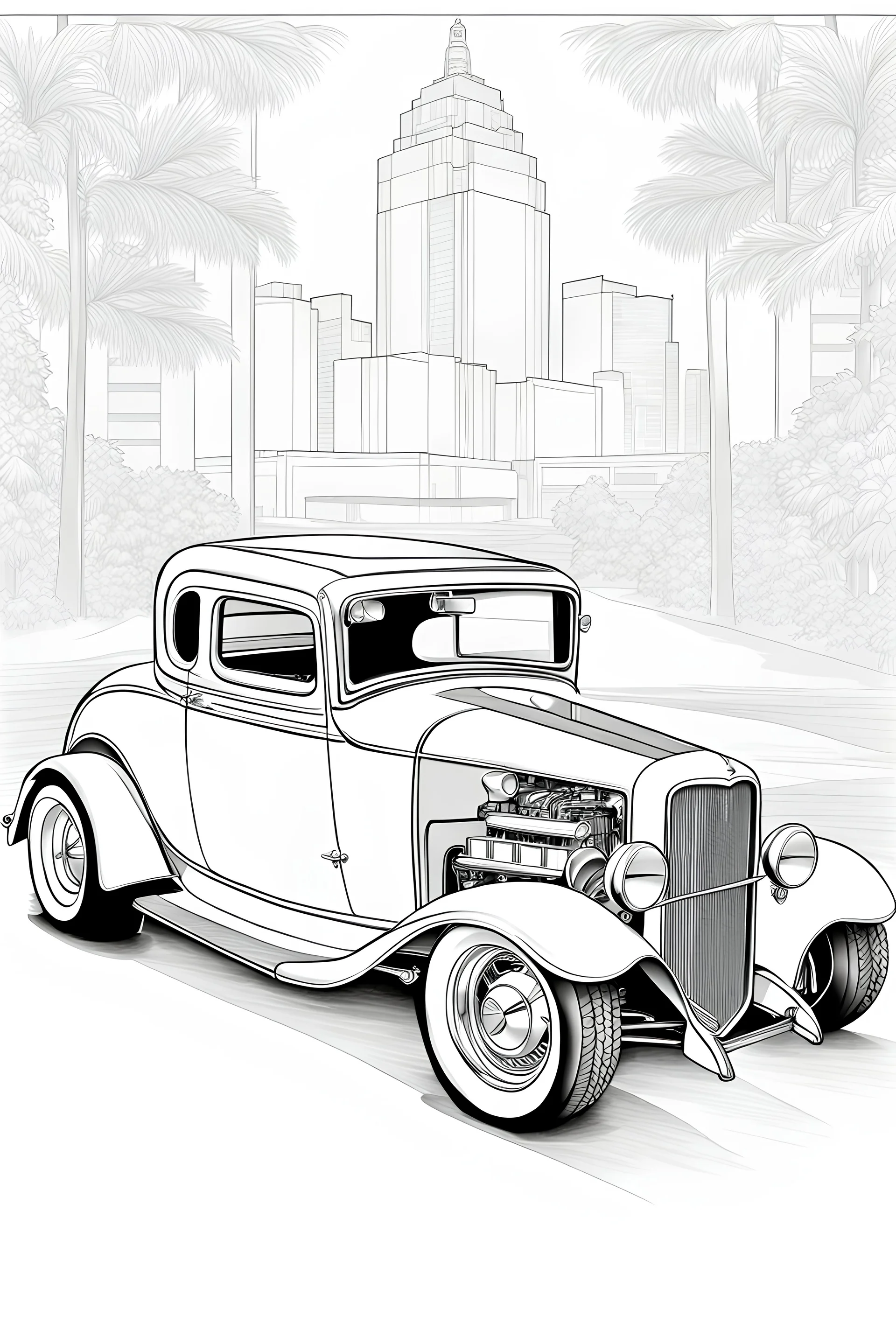 outline art for an adults coloring page, a customized 1932 Ford Deuce Coupe , white background,detailed sketch style,no color , only use outline, clean art , white background, no shadows and clear well outlined,