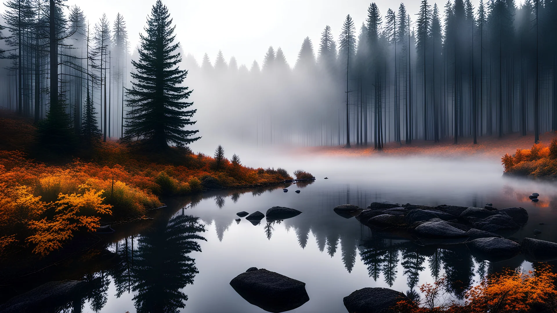 scenery of an autumn fir forrest with fog,